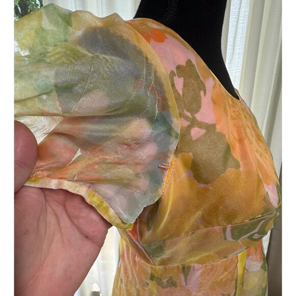 Vintage 1970s maxi dress, orange green pink floral, sheer short puff sleeves - Picture 9 of 10